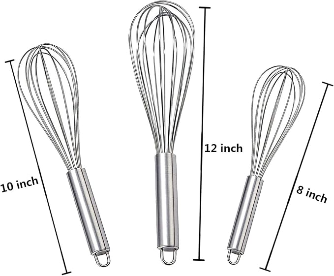 Stainless Steel Whisk, Whisk Set with Measuring Spoon and 8"+10"+12" Wire Whisk for Cooking Blending, Beating, Stirring, Baking (5 Pack Silver)