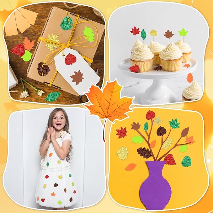 600Pcs Glitter Fall Leaf Foam Sticker Self Adhesive Maple Leaves | Autumn Thanksgiving Leaf Decals for Kids, DIY Crafts, Scrapbook, Party Favors, Halloween Decorations Supplies