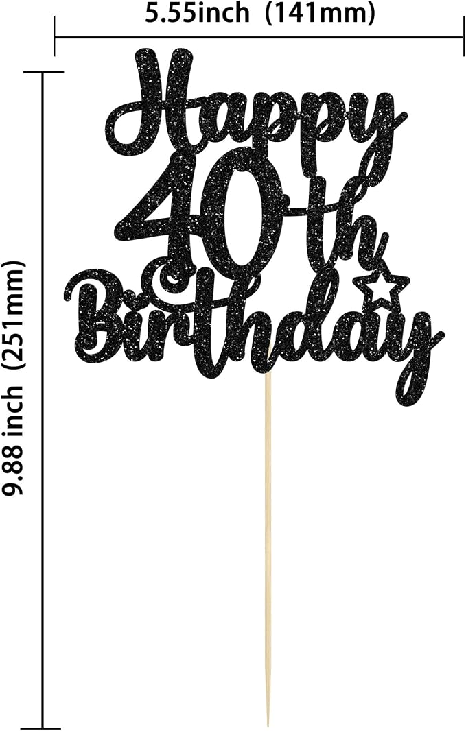 Gyufise 1Pc Happy 40th Birthday Cake Topper Glitter Cheers to 40 Years Old 40th Birthday Cake Pick for Celebrating 40th Birthday Anniversary Party Cake Decorations Supplies Black