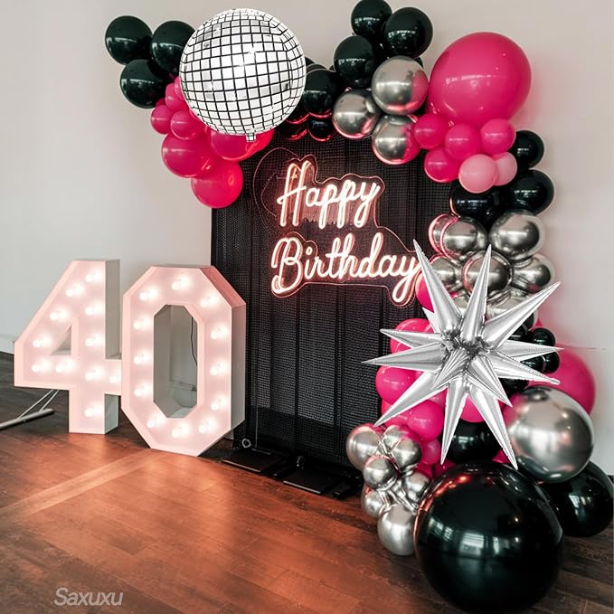 Disco Balloon Arch Kit, Hot Pink Black Balloons Garland Arch Kit, Star Foil and Disco Foil Balloons, Hot Pink Silver Black Balloon For Birthday 8090 Theme Party Wedding Bridal Shower Anniversary