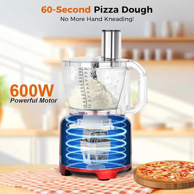 Homtone 16 Cup Food Processor Large, 9 Functions 3 Speeds for Shredding, Slicing, Making French Fries, Chopping Meat, Kneading Dough & Emulsifying, Red