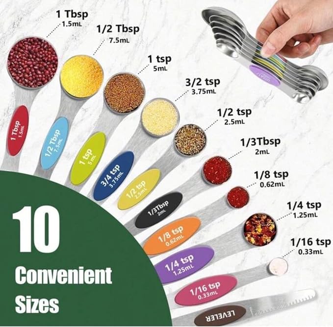 Measuring Spoons Stainless Steel Magnetic - Set of 9 with Leveler, Dual Sided Metal Teaspoon & Tablespoon Measuring Spoons, Nesting Kitchen Gadgets for Baking & Cooking, Variable Colors
