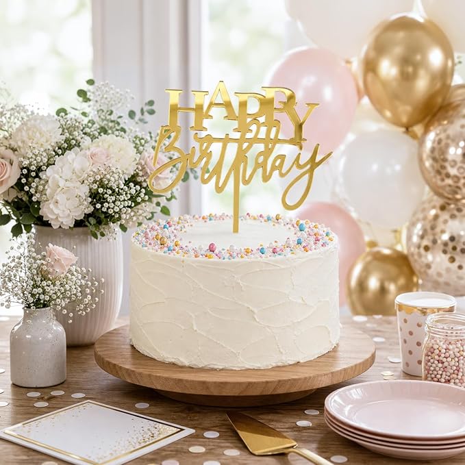Happy Birthday Cake Topper, Acrylic 7.5" x 6", Mirror Gold | Premium 2mm Acrylic, Large size, Classic Cake Decoration, Luxurious High-Gloss Finish