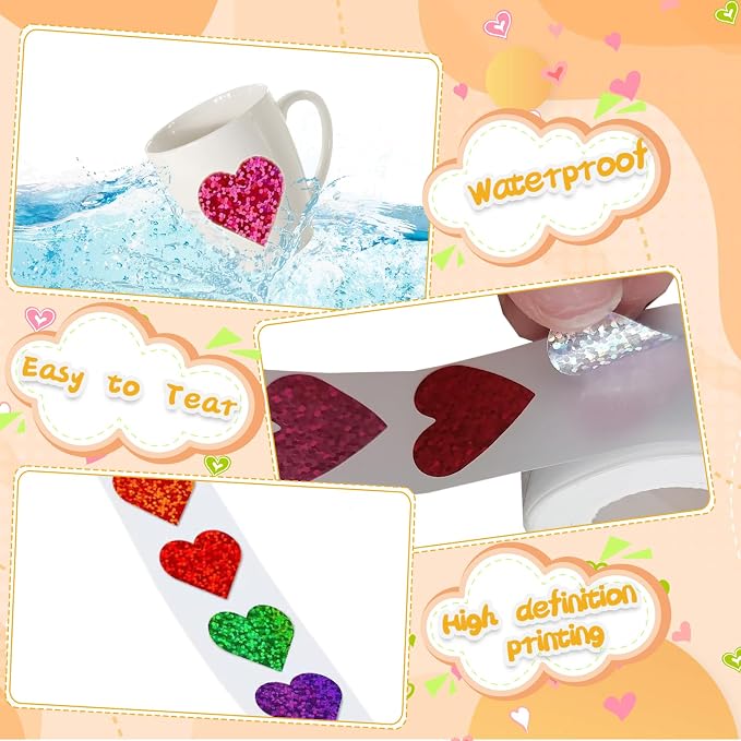 Glitter Heart Stickers, Valentines Day Love Sticker1-inch for Children's Rewards- 500 per Roll, Suitable for Envelopes, Birthdays, Classroom Teacher Supplies