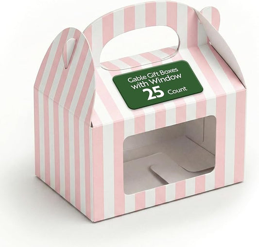 Bio Tek 4 x 2.5 x 2.5 Inch Gable Boxes For Party Favors, 25 Attractive Gift Boxes - Striped Pattern, Pink And White Paper Barn Boxes, Clear PET Window, With Built-In Handle