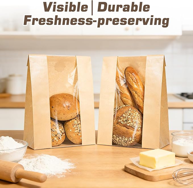 25 Pcs Bread Bags for Homemade Bread, Paper Sourdough Bags with window, Large Bakery Loaf Bag with Stickers for Cookies, Popcorns, Hamburgers 14.2"x8.3"x3.6"