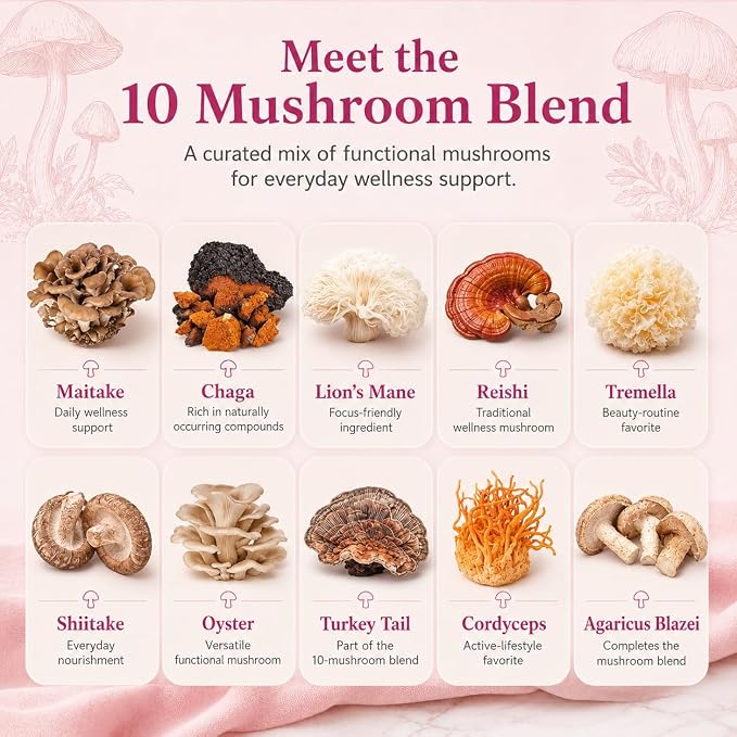 Suiyilary Mushroom Coffee with Collagen, 10 Mushroom Extract Powder Blend Lion's Mane, Brain Supplements with Instant Coffee for Energy, Focus, Skin and Immunity 150g 30 Serving