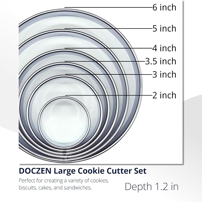 Doczen Large Round Cookie Cutter 6 PCS (2, 3, 3.5, 4, 5, 6 Inch) Set, 6-Piece Stainless Steel Biscuit Cutters, Heavy Duty Metal Ring Mold for Burger Press & Meat Shaping, Tortilla Crust