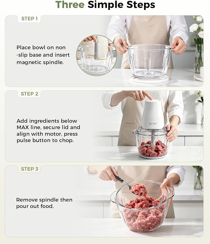 Food Processor Electric Food Chopper Meat Grinder & Vegetable Chopper with Magnetic Easy-Clean Spindle & Serrated Blades, Power Copper Motor, for Meat/Vegetables/Baby Food/Ice Cubes (White)