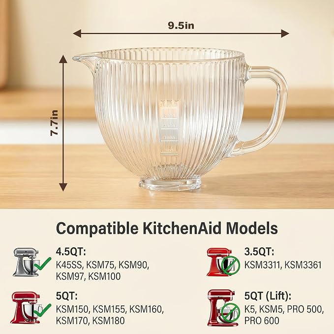 InnoMoon Glass Mixer Bowl for KitchenAid Tilt-Head Stand Mixers | 5Qt Replacement Mixing Bowl with Handle, Measurement Markings & Pour Spout, Glass Bowl for Kitchen Aid 4.5-5 Quart Models