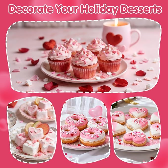 Edible Heart Sprinkles,Pink White Sprinkles -130g,Edible Heart Shaped Sprinkle,Pearl,Jimmies and Sugar Crystals Mix for Baking,Light Pink Cupcake Toppers,Cake,Candy,Cookie Decorations,Donuts Ice Cream Dessert Decorating,Wedding Birthday Party Supplies