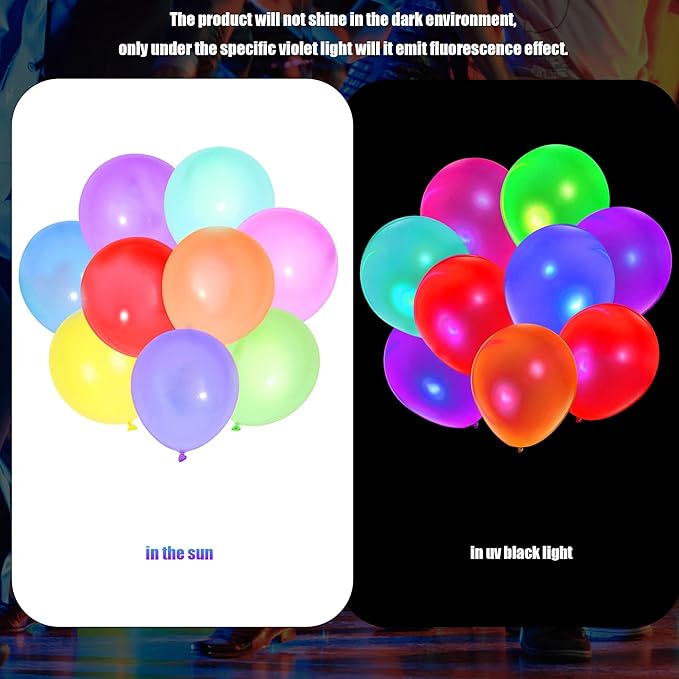 100pcs LED Glow Balloons Set Includes 50 PCS LED Round Mini Balloon Lights and 50 PCS UV Neon Balloons Glow in the Dark for Birthday Decorations Wedding Decoration Supplies