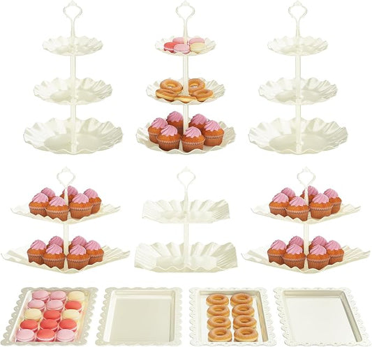 10 Pack Cake Stand Set with 3 x Two-Tier and 3 x Three-Tier Cupcake Stands, Plastic Dessert Table Stand Set 3 Tired Cookie Tray and 4 Pcs Dessert Trays