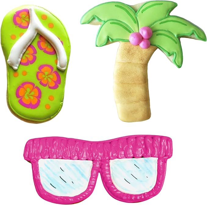 Ann Clark Summer Beach Cookie Cutters 3-Pc. Set Made in USA, Flip Flop, Palm Tree, Sunglasses