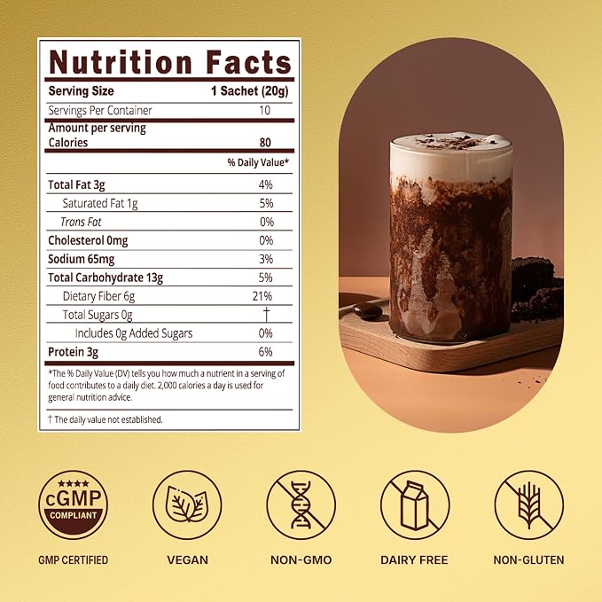 Veltracha Moringa Hot Chocolate, Plant-Based Protein Hot Cocoa Mix with Fiber, Chaga & Blue Spirulina, Non-Dairy Mushroom Cocoa Powder for Immune & Energy, 10 Sachets