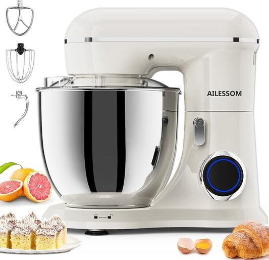 SAMSAIMO 3-IN-1 Electric Stand Mixer, 10-Speed With Pulse Button, Attachments include 6.5QT Bowl, Dough Hook, Beater, Whisk for Most Home Cooks (Almond Cream)