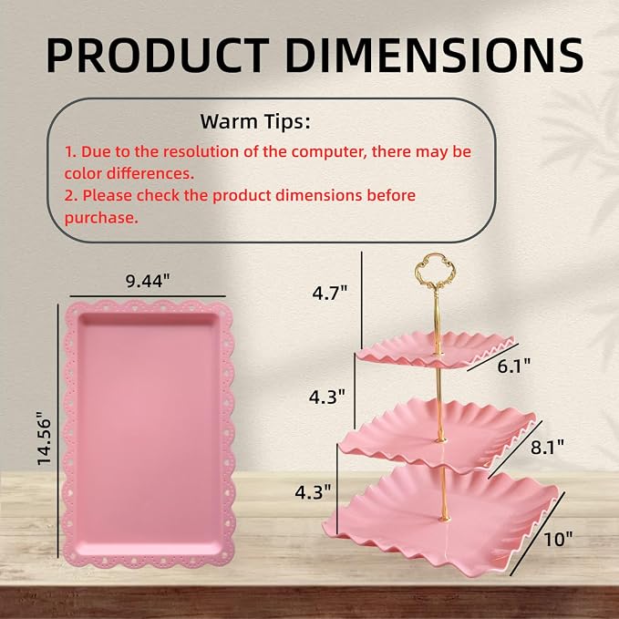 5 Pcs Cupcake Stand Set - Pink Plastic Dessert Table Display Set, 2x Pink Square 3 Tier Cupcake Display Stands Cookie Tray Rack Serving Tower & 3x 14 in Plastic Trays for Wedding Baby Shower Tea Party