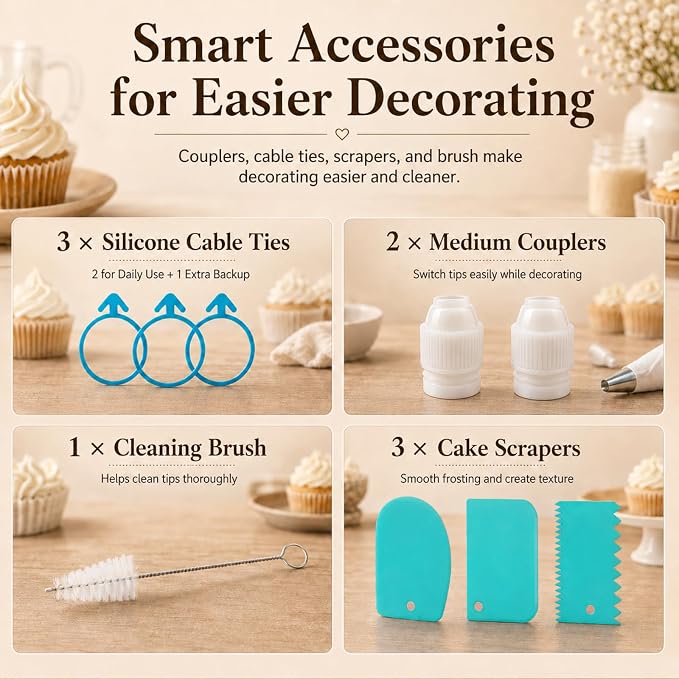 Reusable Piping Bags and Tips Set – 16" Cotton Pastry Bags Durable Cotton Exterior,Easy to Clean for Cake Decorating, Cupcakes & Cookies – Eco-Friendly Baking Kit for Home Bakers & Beginners