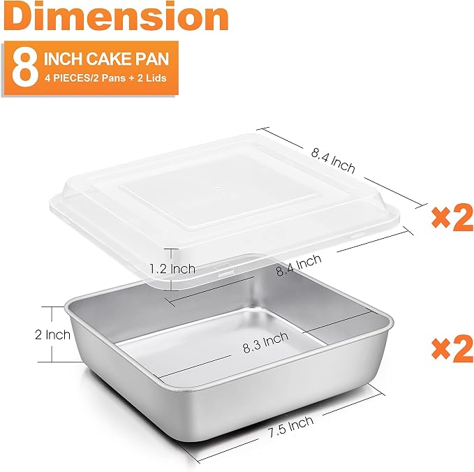 Herogo 8”x 8” Square Cake Pan Set (2 Pans + 2 Lids), Stainless Steel Square Baking Set, Cakes Brownie Lasagna Bakeware, Healthy & Dishwasher Safe