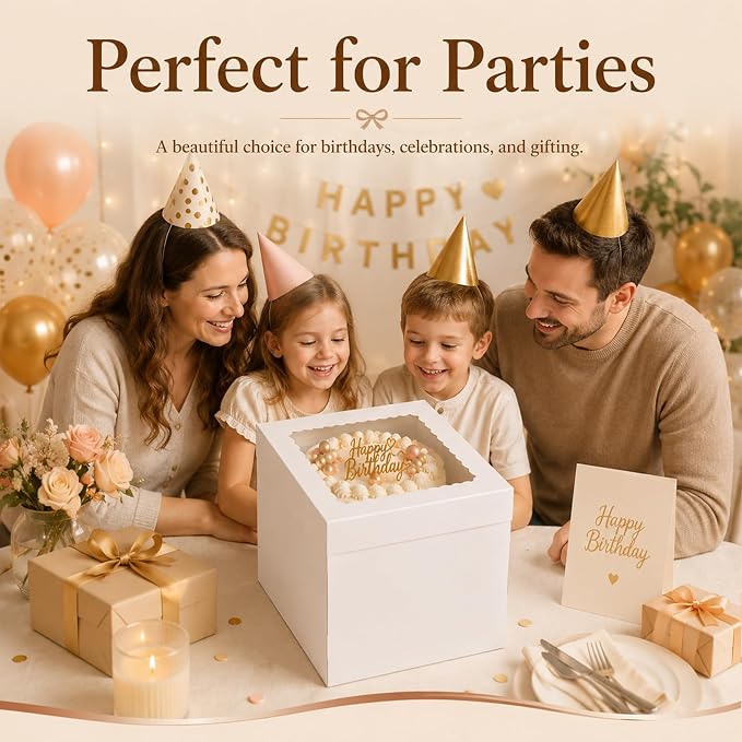 14x14x12 Inch White Corrugated Cake Boxes for 10-12 Inch Large Tiered Cakes | corrugated cake containers support for transit protection; 14x14 extra wide base fits oversized 10-12in tiered cakes