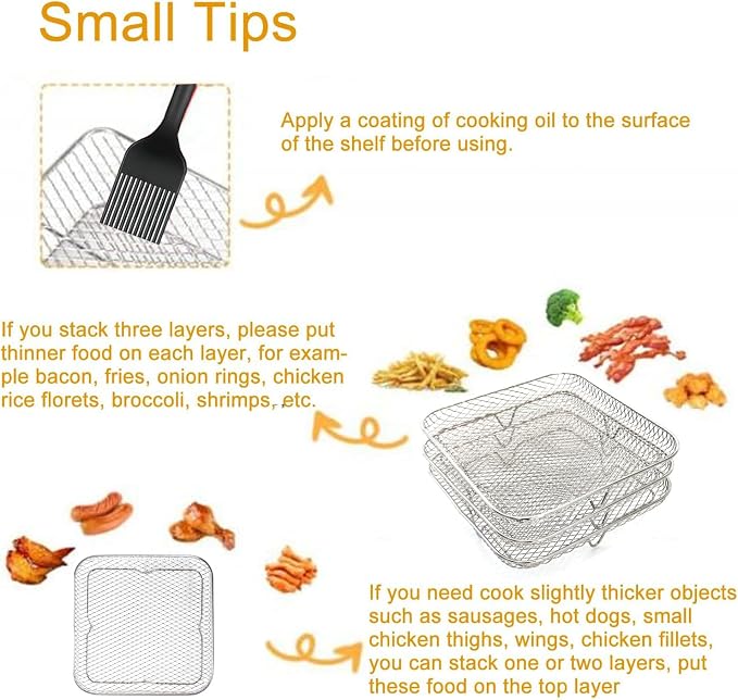 3 layer Square Air Fryer Rack, Stainless Steel Dehydrator, Air Stainless Steel Dehydrator Grill Enhanced Airflow Design Air Fryer Rack for Chicken Wings Vegetables Dual Cakes (Square Set)
