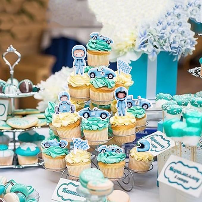 55Pcs Edible Cartoon Blue Race Car Cupcake Toppers Edible Racing Boy Driver Cupcake Picks for Racing Car Baby Boys Birthday Cupcake Decorations Boys Blue Birthday Party Decorations