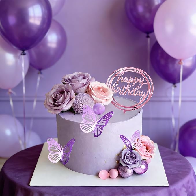 Flower Cake Toppers, Happy Birthday Rose Gold Cake Decorations with Artificial Flowers Butterfly Balls for Wedding Baby Shower Birthday Party Supplies (Purple)
