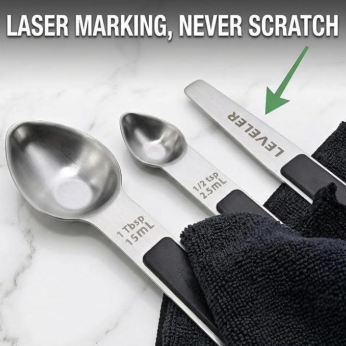 Magnetic Measuring Spoons,Stainless Steel Dual Sided Tablespoons,Extra Long Handle for Deep Jars,Heart-Shaped&Square Heads that More Easier to Excavate,Laser Markings,Non-Slip Grip(set of 5)