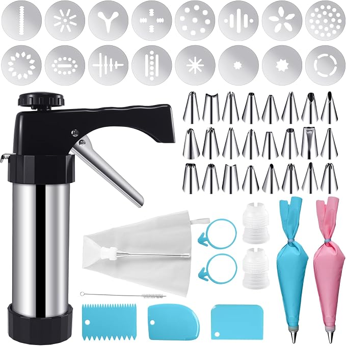 52 Pcs Cookie Press Gun Kit Stainless Steel Cookies Press Spritz Cookie Press Gun for Baking with 16 Cookie Discs,Piping Tips,Piping Bags for DIY Christmas Cookies Maker Cake Decorating