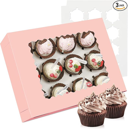 3-Set Cupcake Boxes Bulk with Clear Display Window Hold 12 Standard Cupcakes, Disposable Food Grade Pink Cupcake Carrier Cupcake Container, Perfect for Cupcakes Muffins Cookies Pastries