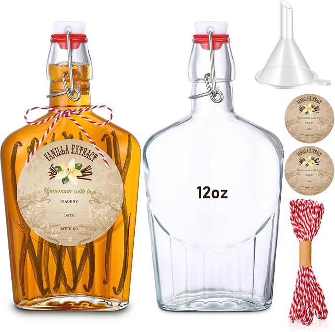 Uiifan 2 Pack 12 oz Vanilla Extract Bottles with Swing Top Flask Whiskey Pocket Clear Glass Flask for Homemade Vanilla Extract Lemon Kombucha Water Apply Christmas Wedding Gift (Clear)