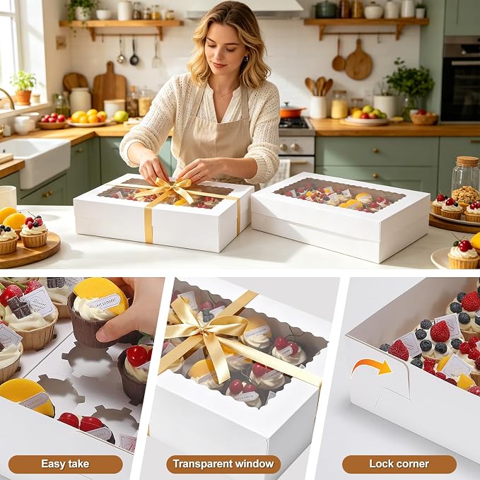 2 Pack 24 Count Standard Cupcake Boxes with Window & Inserts White | Cupcake Containers Bakery Box for Standard Muffins, Pastry Dessert for Birthday Party, Wedding, Baby Shower-17.5x11.5x4 Inch
