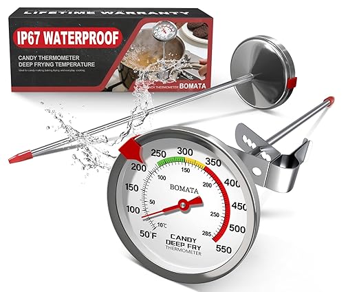 BOMATA 2-Pack Candy Thermometer with Pot Clip, Hands-Free Use, Waterproof IP67 and 2.5" Display Deep Fry Oil Thermometer with NSF Certified, for Cooking, Food, Turkey, BBQ, Grill... Mth400 Silver