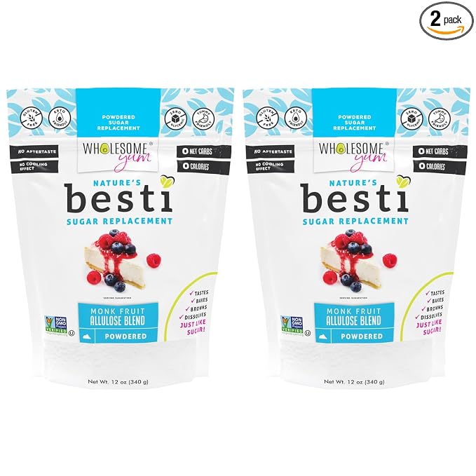 Wholesome Yum Besti Natural Powdered Sugar Substitute - Keto Confectioners Monk Fruit Sweetener Blend With Allulose (No Erythritol) - Non GMO, Zero Carb, Zero Calorie, No Aftertaste (12 oz, 2 Pack)