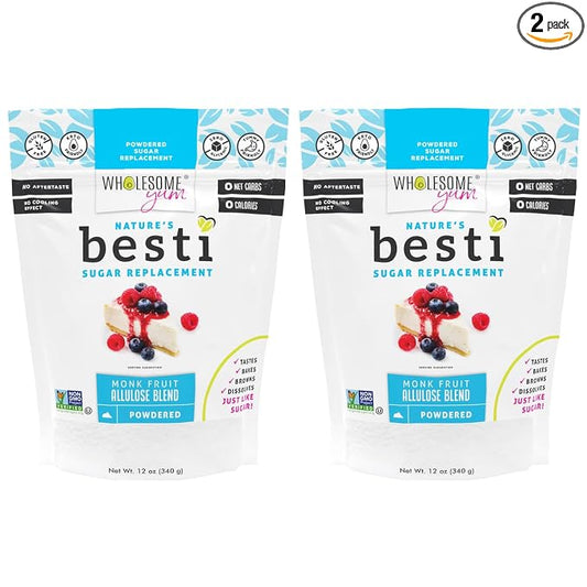 Wholesome Yum Besti Natural Powdered Sugar Substitute - Keto Confectioners Monk Fruit Sweetener Blend With Allulose (No Erythritol) - Non GMO, Zero Carb, Zero Calorie, No Aftertaste (12 oz, 2 Pack)