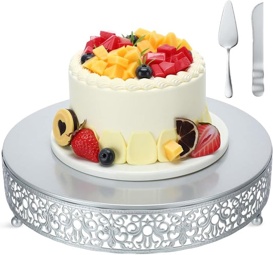 Wenqik 12 Inch Silver Cake Stand Set Metal Round Cupcake Dessert Stand with Cake Cutting, Spatula Wedding Cupcake Pastry Display Candy Holder Display for Wedding Party Birthday Baby Shower(Classic)