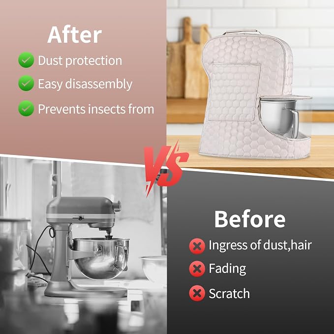 Stand Mixer Dust Cover Compatible with KitchenAid Mixer - Storage Bag for 6/7/8 Quart Bowl Lift with Pockets for Accessories and Attachments(Khaki,Fits for 6-8 Quart）