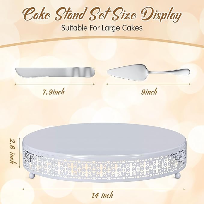 Wenqik White Cake Stand 14 Inch Metal Round Cupcake Dessert Wedding Cake Stand with Cutting & Spatula Cookies Display Holder Fruit Serving Tray for Table Wedding Birthday Anniversary Party