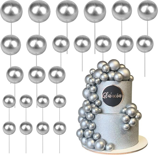 24 PCS Ball Cake Toppers Balls Cupcake Toppers Insert Foam Ball Shaped Cake Picks Mini Balloon Cake Decoration for Wedding Anniversary Baby Shower Birthday Party Cake Decorations Supplies Silver