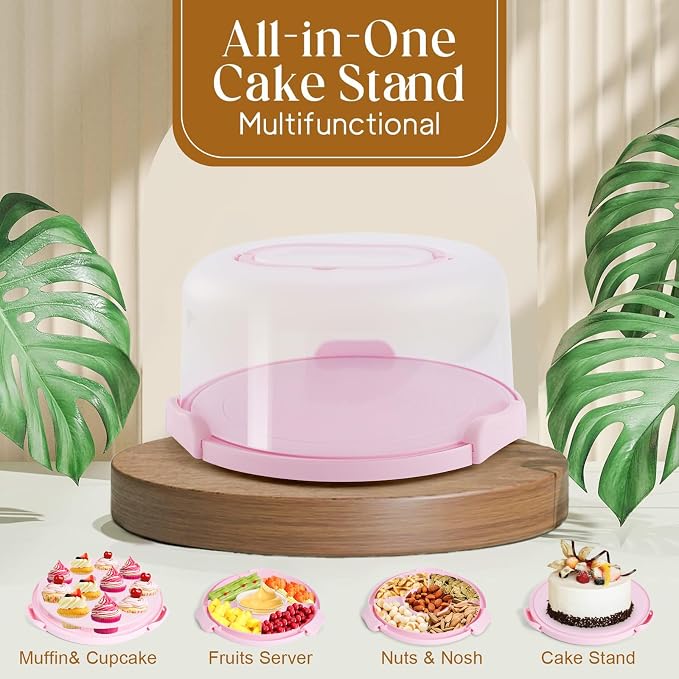 Cake Container - Cake Holder for 10 in Cake with 2 Handles Cupcake Carrier | Cake Carrier with Lid and Handle, BPA-Free Plastic Cover Two Sided Base for Transport Pies Nuts Fruit Perfect Gifts