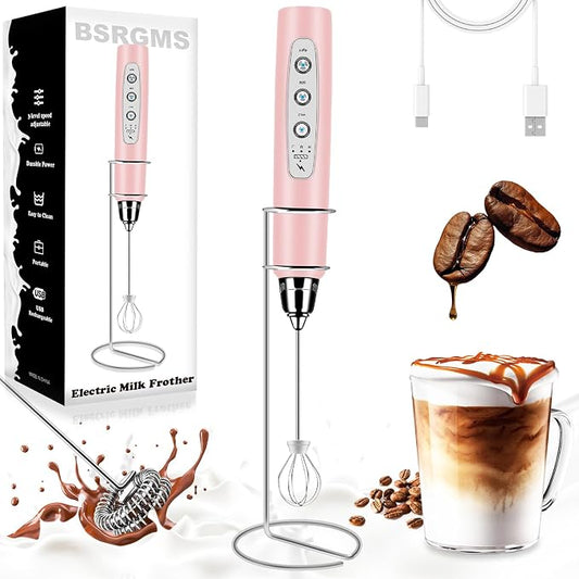 BSRGMS Milk Frother Handheld with Stand, Electric Whisk 3 Speed Adjustable, Drink Mixer with Stainless 3 Whisks, Rechargeable Hand Frother Wand, Foam Maker for Latte Cappuccino Hot Chocolate Egg Pink