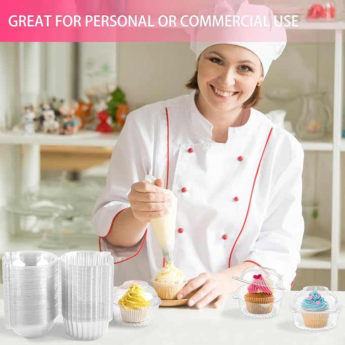 Zezzxu 50 Pack Individual Cupcake Containers, Clear Plastic Cupcake Holders with Dome Lids, Single Cupcake Carriers for Cupcakes, Hot Cocoa Bombs, Muffins, Pastries