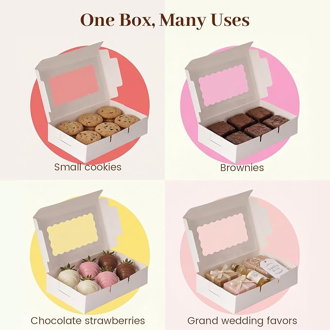 VGOODALL 20PCS Cookie Boxes, 7x4.3x1.5 Inches White Bakery Boxes with Window Cupcake Containers for Gift Giving, Treat, Dessert, Strawberries,Muffins