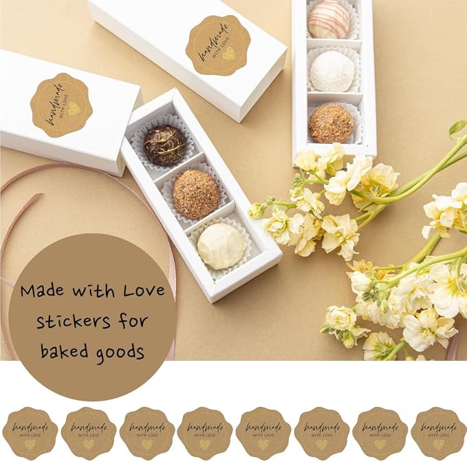 300 Made with Love Stickers1.75 with Gold Foil - for Small Business Owners, Handmade Goods, Bakery, Cookies, Cake Boxes, Bread, Chocolate Boxes, and Other Home Goods