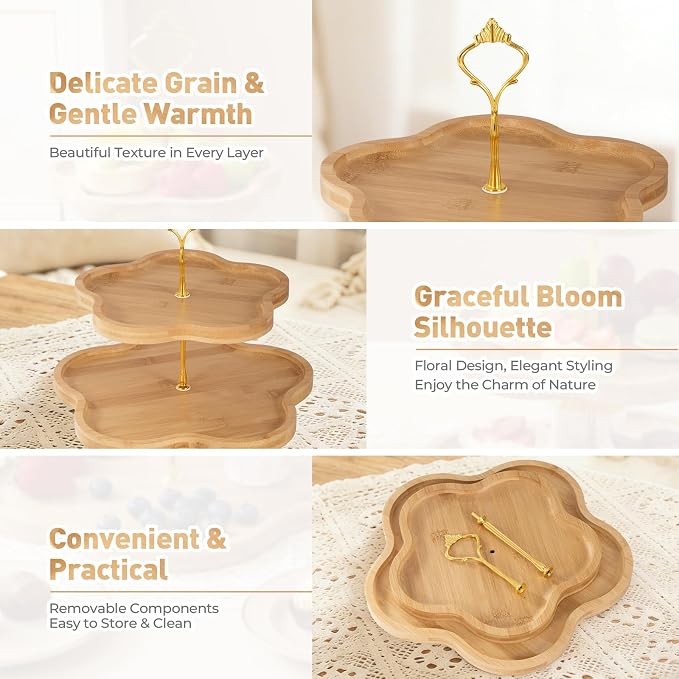DUJUST Elegant 2-Tier Wooden Cupcake Stand with Flower-Shaped Design, Rustic Bamboo Tiered Serving Tray for Cupcake, Desserts, Tea Party, Wedding, Farmhouse & Kitchen Decor, Easy to Install & Clean