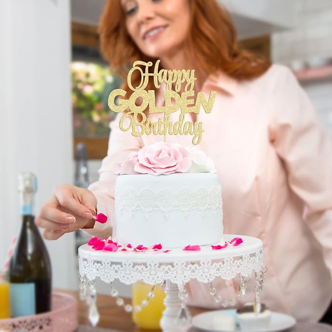 Gyufise 1Pc Happy Golden Birthday Cake Topper 1/10/15/18/21/25/30/40/100th Birthday Cake Topper 50/60/70/80/90th Decorations Golden Party Decorations