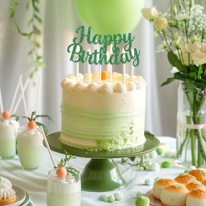 BEISHIDA Green Happy Birthday Cake Topper, Cake Bunting Decor, Party Decoration Supplies, Photo Booth Props
