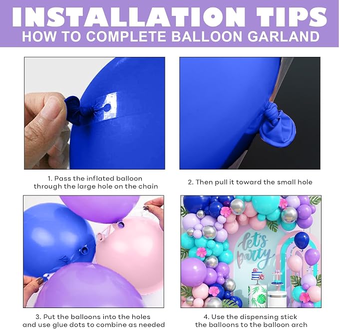 Blue Purple Balloon Arch Kit, 108 Pcs Macaron Purple Pink Blue Balloons Garland with Teal Royal Blue Metallic Silver Latex Balloons for Kids Hawaii Summer Theme Party Baby Shower Birthday Decoration