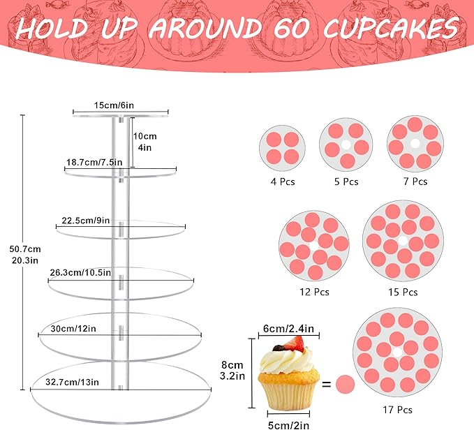 Cupcake Stand for 60 Cupcakes, 6 Tier Large Acrylic Round Clear Wedding Cupcake Tower, Cupcake Tier Stands for Dessert Table, Tiered Cupcake Holder Stand, Cupcake Display Stand for Birthday Party