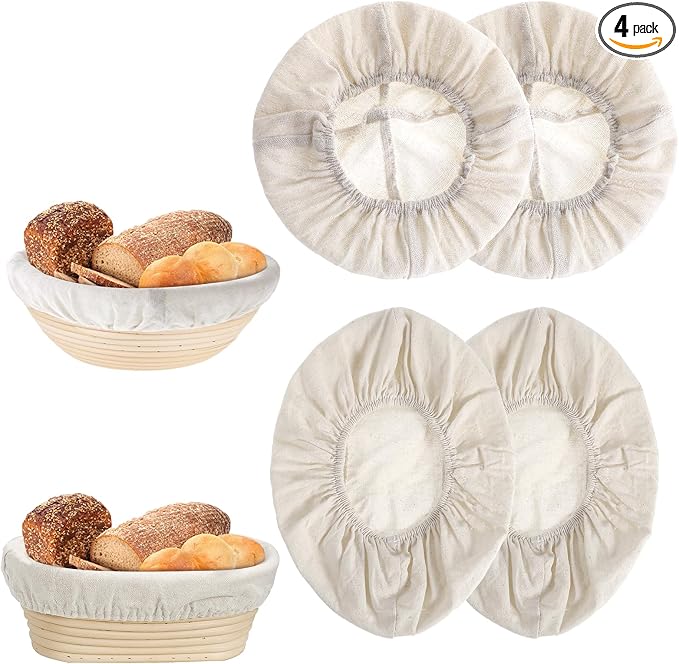 4Pcs Banneton Liners, 10In Cloth Bowl Covers for Bread Proofing,Reusable Natural Rattan Banneton Liner Cloth Cover for Bakery Home Baking, 2 Round & 2 Oval Sourdough Proofing Covers